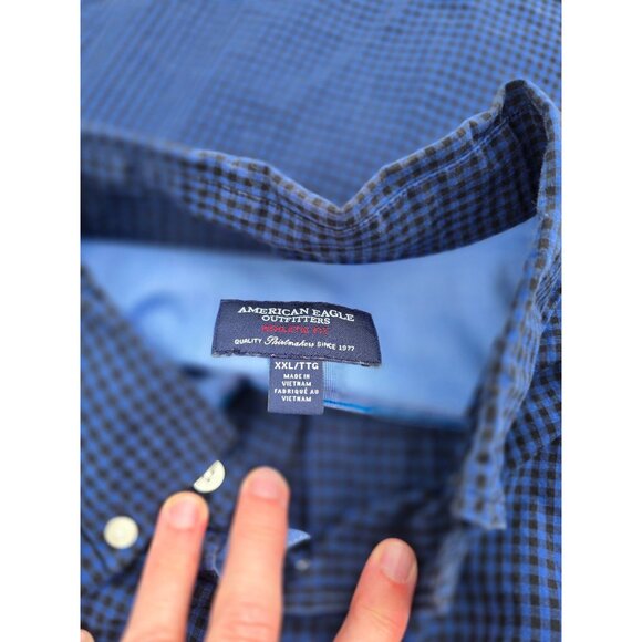 American Eagle Outfitters Blue Gingham Button-Down Shirt XXL Tall Mens Cotton Bl - Picture 3 of 5